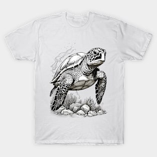 Black and White Green Sea Turtle Design T-Shirt